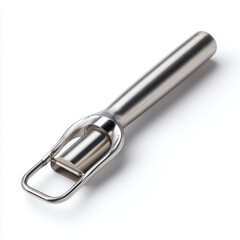 Stainless steel bottle opener on a clean surface with a soft focus background suggesting a kitchen setting