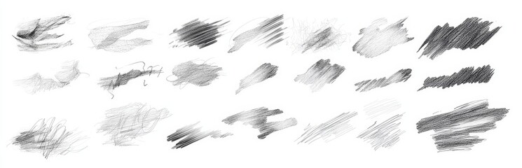 Collection of 30 grayscale pencil strokes, smudges, and textures isolated on white background.