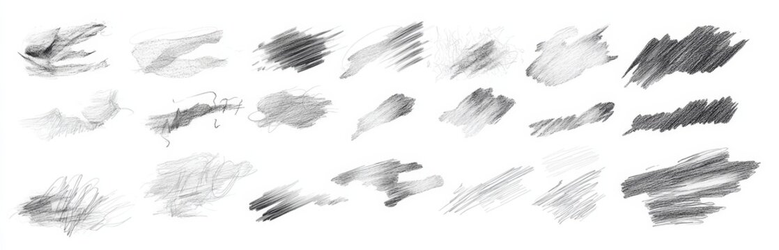 Collection of 30 grayscale pencil strokes, smudges, and textures isolated on white background.