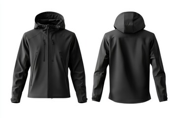 Black softshell jacket, front and back view, isolated on white background.