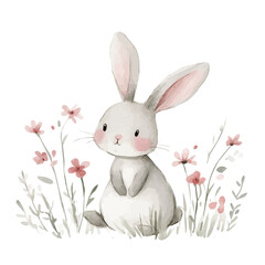My Watercolor illustration with a rabbit with flowers painting isolated on a white background, illustration, AI painting design, vector set, eps format, My illustration design
