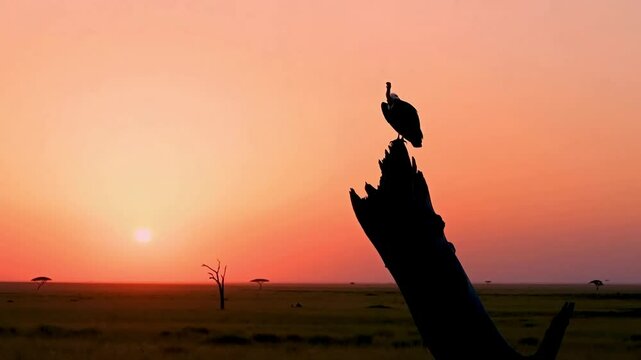 African white-backed vulture (Gyps africanus) sitting on the tree with sunset, Tsavo National Park, Kenya. 
