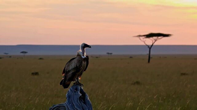 African white-backed vulture (Gyps africanus) sitting on the tree with sunset, Tsavo National Park, Kenya. 

