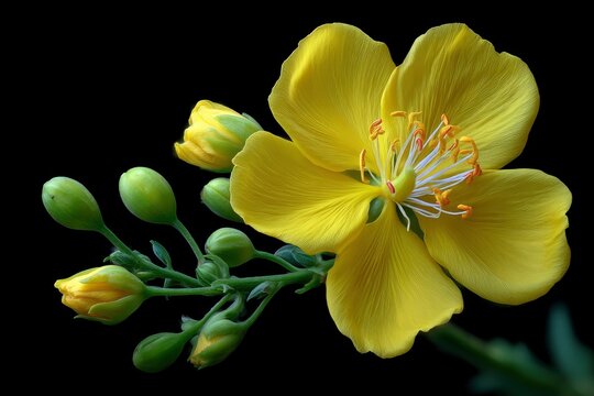 Fototapeta Vivid yellow flower with multiple buds closeup against a stark black background