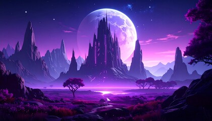 Fototapeta premium Purple Fantasy Landscape with Castle - Vibrant Colors