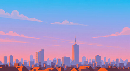 Serene Cityscape at Sunrise A Pastel-Colored Urban Illustration
