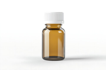 Empty amber glass bottle stands ready for essential oils, medicine, or cosmetic product, offering a clean and professional presentation on a bright white background.