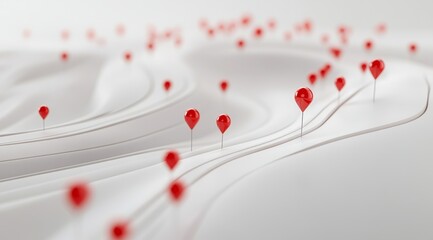 Abstract 3D rendering of red markers on a white, wavy surface, representing location data or connections.