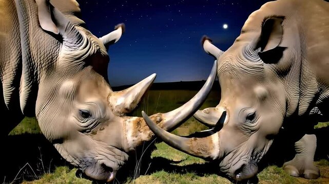 The male Black rhinoceros (Diceros bicornis) fight against other male to protect its harem at night in Tsavo National Park, Kenya. High sensitivity camera.
