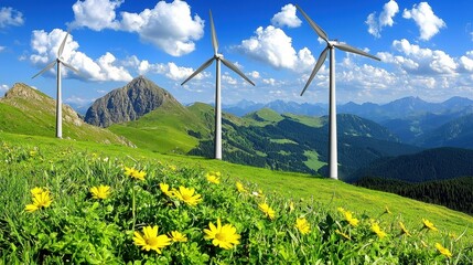 Wind Turbines on a Mountaintop Meadow