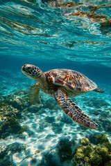 Obraz premium Graceful Marine Turtle Gliding Through Serene Ocean Waters in a Captivating Underwater Scene