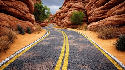 Winding Asphalt Road Through a Desert Canyon with Red Rock Formations