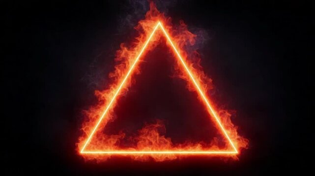 A glowing neon triangle made of fire with smoke rising on a dark background, creating a vibrant and intense visual effect.