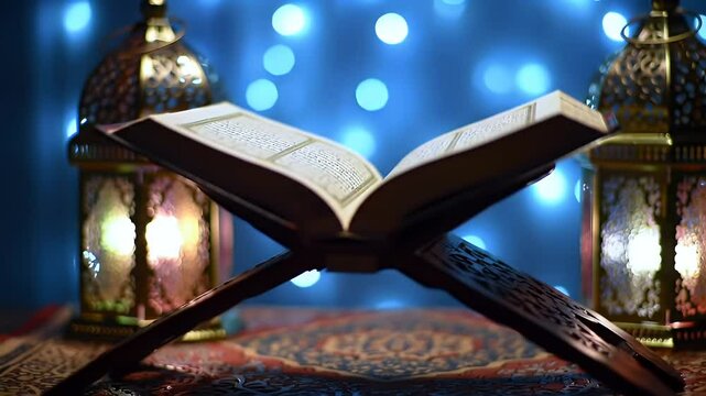 Open Quran Displayed With Golden Lanterns and Blue Bokeh Lights in Background