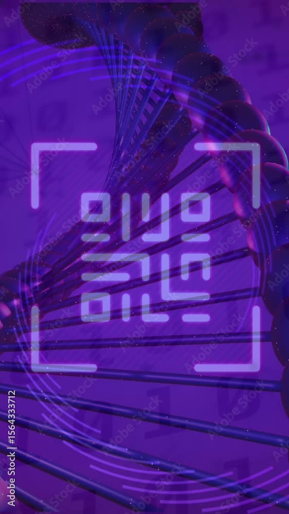 Poster animation of qr code, binary coding, data processing over dna strand spinning