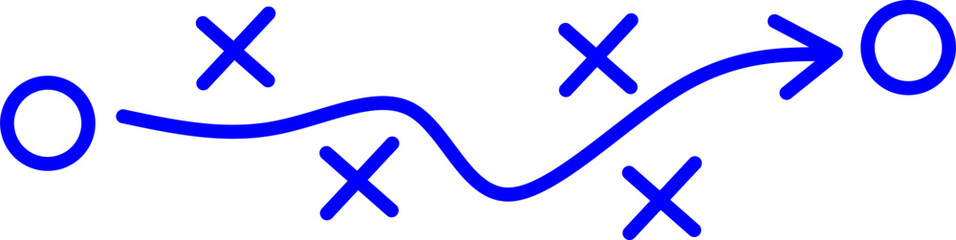 Blue line icon showing a tactical sports play with arrows, circles, and X symbols. Ideal for game strategy, coaching materials, and sports training visuals.
