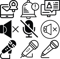 Collection of communication and audio icons including notifications and microphones