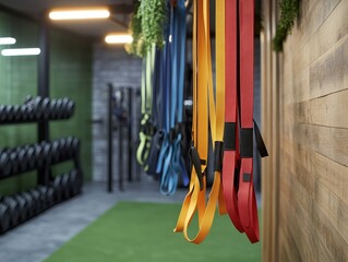 Colorful Resistance Bands Hanging in Modern Gym