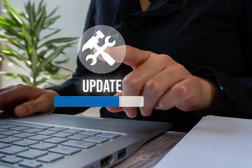 Businesswoman in front of a computer pointing at a tool icon, below a counter bar with the word...