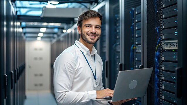 A smiling IT engineer works confidently on a laptop inside a high-tech data center, surrounded by server racks—symbolizing technology, cybersecurity, and modern digital