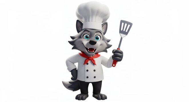 Cartoon wolf chef holding spatula