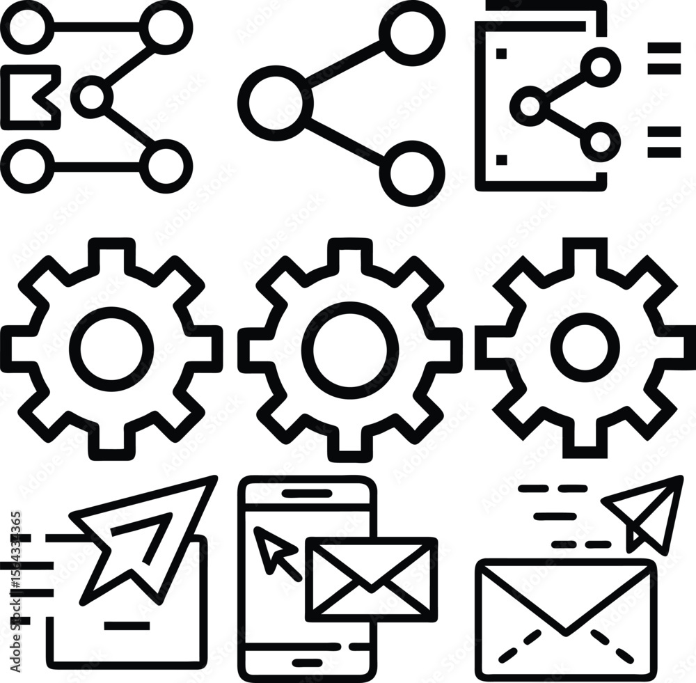 Poster set of nine modern line art icons representing networking sharing and communication concepts