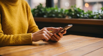 Woman using smartphone at cafe, close-up of hands on wooden table