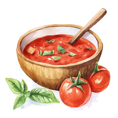 My Watercolor illustration with salsa in wooden bowl painting isolated on a white background, illustration, AI painting design, vector set, eps format, My illustration design, vector collection	