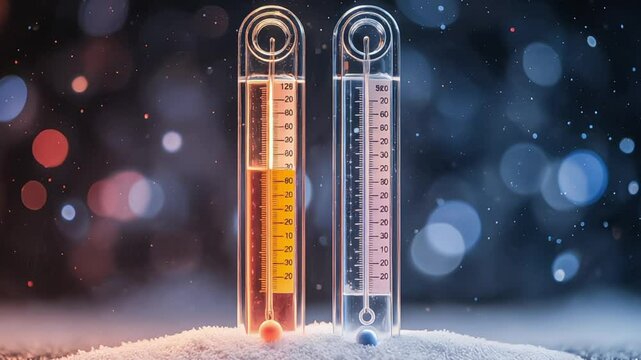 Hot and cold temperatures displayed on thermometers in winter
