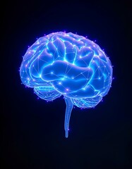 Fototapeta premium A glowing, stylized blue brain with connecting nodes and lines against a dark background.