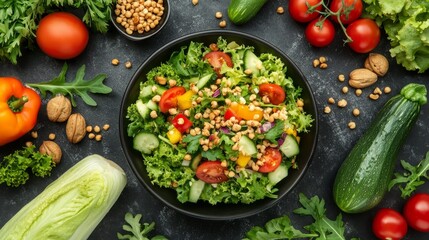 Colorful Vegetable Salad with Tomatoes and Cucumbers in Black Bowl