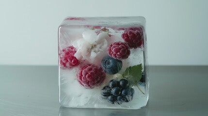 Mixed berries and flowers frozen in ice cube