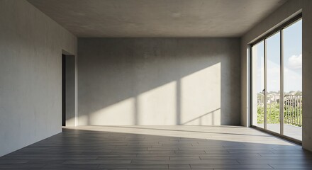 A large empty wooden terrace, loft style, between the living room and the garden, there are gray plank floor and blank concrete wall
