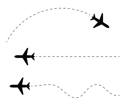 Airplane Flight Path Icons &ndash; Silhouette and Dotted Line Vector Set for Travel Design