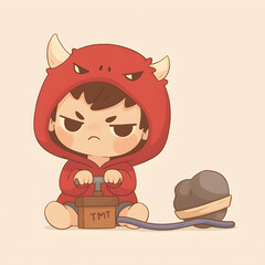 Cute Little Hirono: An illustration of an adorable toddler in a dragon costume, mischievously holding a detonator next to a cartoon bomb. The image evokes humor and a sense of playful danger. 