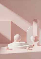 Pastel Pink Minimalist 3D Render Abstract Geometric Shapes and Spheres in Soft Lighting