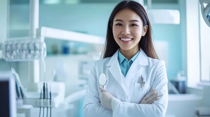 Confident Female Dentist in White Coat Smiling in Dental Clinic