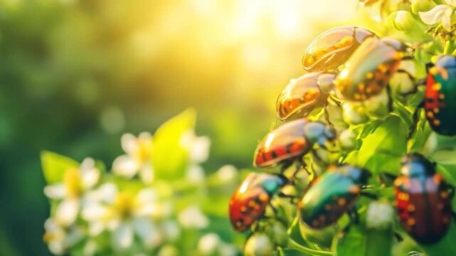 Jewel Beetles Clustering on Green Stems and White Flowers in Bright Sunlight Video