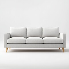 Modern light gray couch in a minimalist living room setting