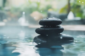 Spa stones stacked in hot water with misty background