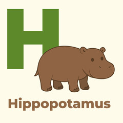 Adorable cartoon hippopotamus with the letter H. Ideal for preschool alphabet flashcards, kids learning posters, animal books, and educational content. Flat vector art style.