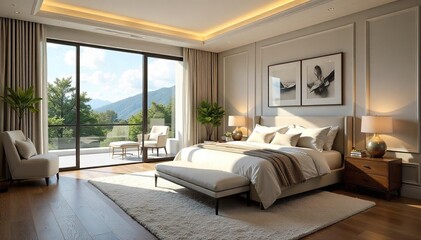 Serene Master Bedroom King-Size Bed, Plush Carpet, Abundant Natural Light, Elegant Decor, High-End Finishes, Luxurious Atmosphere