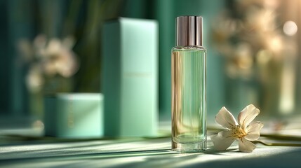 tall cylindrical glass perfume bottle with light-hued fragrance, pastel-green surface, elegant white flower, and luxurious minimalist aesthetic.