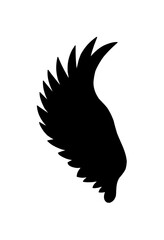 A black silhouette of a wing, possibly bird or angel, against a white background.