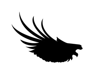 Stylized black silhouette of a bird's wing, powerfully spread in flight, conveying freedom and strength.