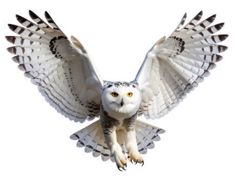Snowy Owl Diving with Outstretched Talons and Wings, front view, isolated on transparent background