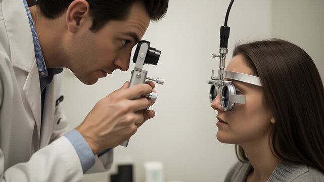 Doctor examining patient eyes using specialized equipment during eye examination process