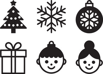 Fototapeta premium Festive Holiday Icons Christmas Tree, Snowflake, Ornament, Gift, and Smiling Faces Adding Joyful Decorations for Seasonal Celebrations