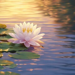 Water lily in bloom, peaceful pond surface with warm sunset light