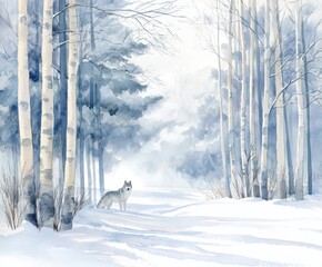 Wolf in winter forest, watercolor painting, soft snow, birch tree forest under a  moody sky 